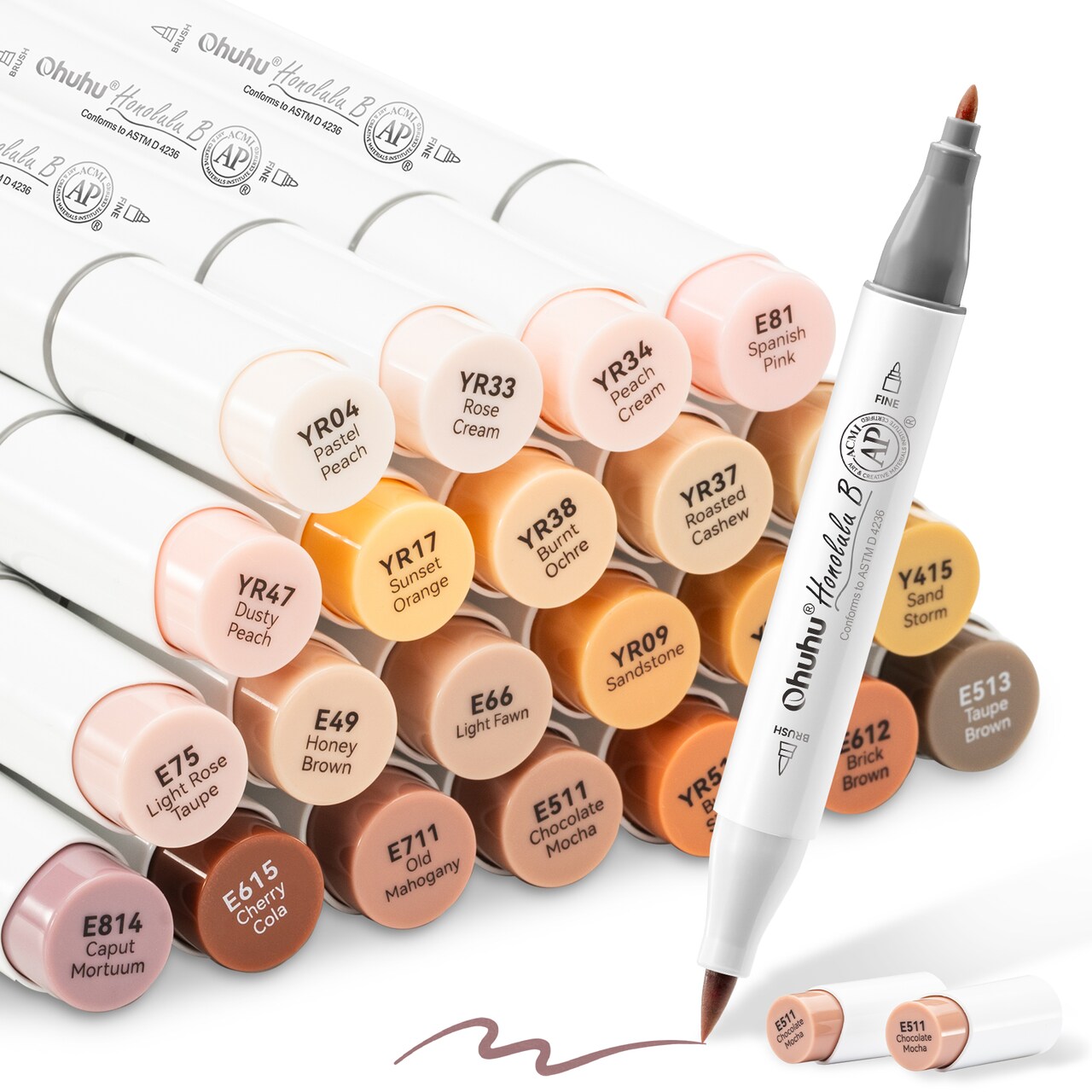 Ohuhu Skin Tone Alcohol Markers Brush Tip - 24 Portrait Color Markers for Artist Adults Coloring Illustration - Brush & Chisel/ Brush & Fine - Honolulu/ Honolulu B - Refillable
